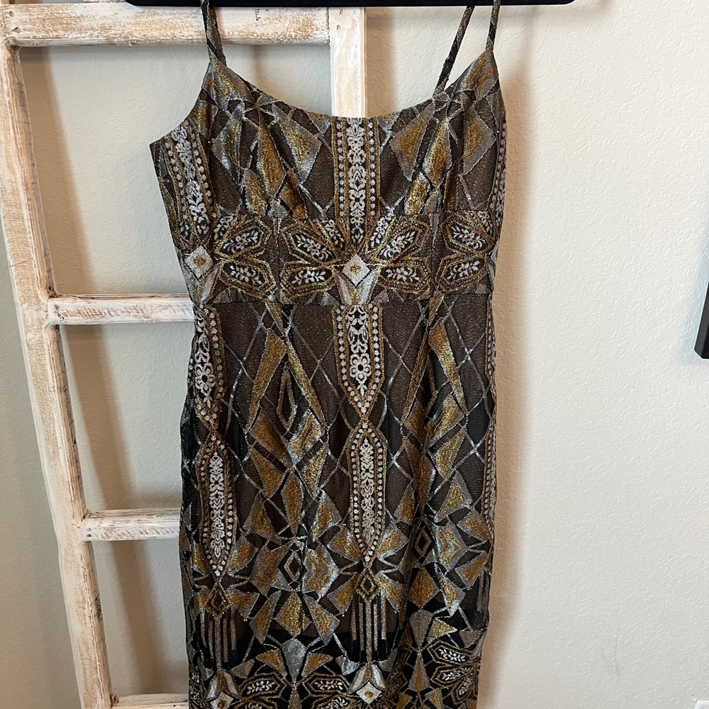BCBGMaxAzria Brown and Gold Midi Dress